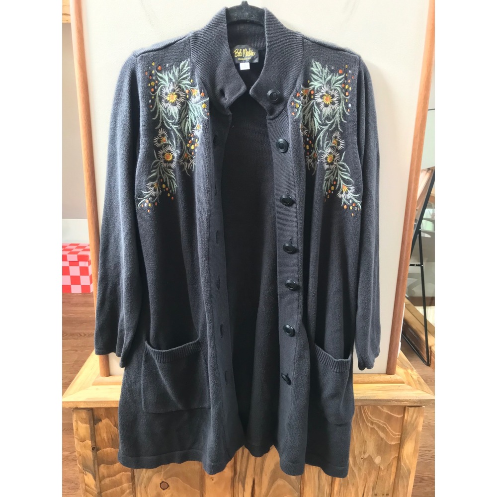 Bob Mackie Womens M Gray Floral Embroidered Longline Knit Cardigan